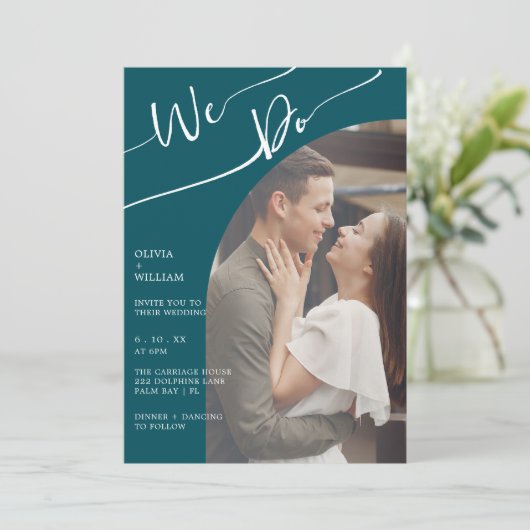 Faire-part de mariage manuscrite turquoise à deux  (Debout devant)