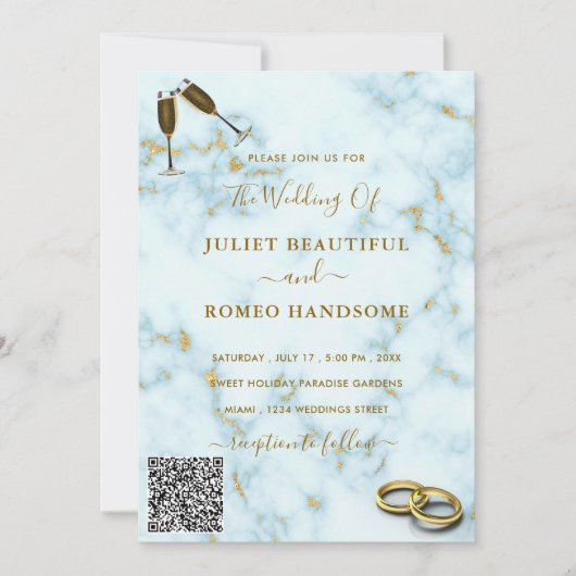Faire-part de mariage Marbre blanc or avec code QR (Devant)