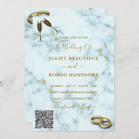 Faire-part de mariage Marbre blanc or avec code QR (Devant / Derrière)