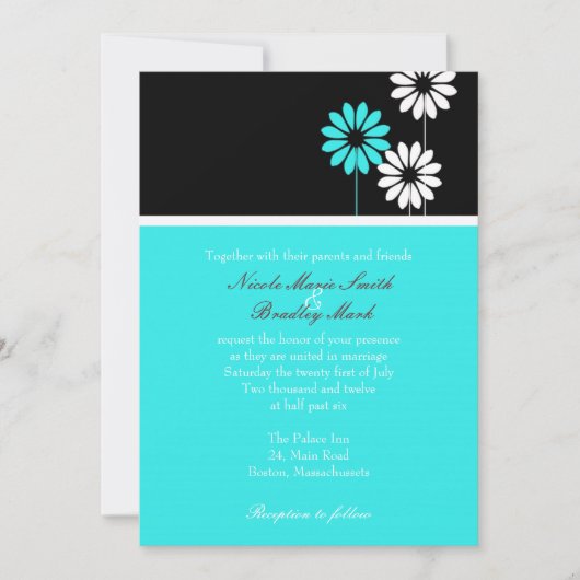 Faire-part de mariage marguerite noir et turquoise (Devant)