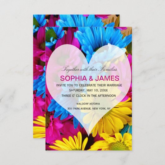 Faire-part de mariage marguerites coeur fleuri col (Devant / Derrière)