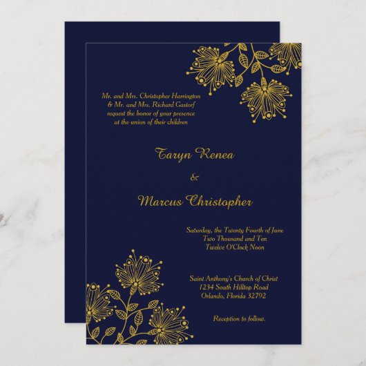 Faire-part de mariage marine et jaune 5 x 7 (Devant / Derrière)