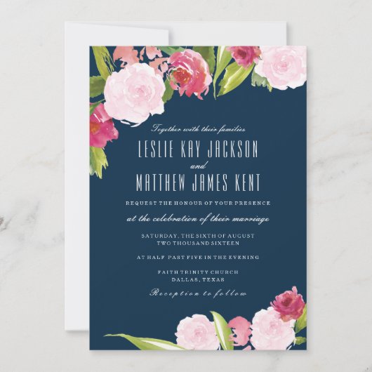 FAIRE-PART DE MARIAGE MARINE ET ROSE AVEC FLEURS (Devant)