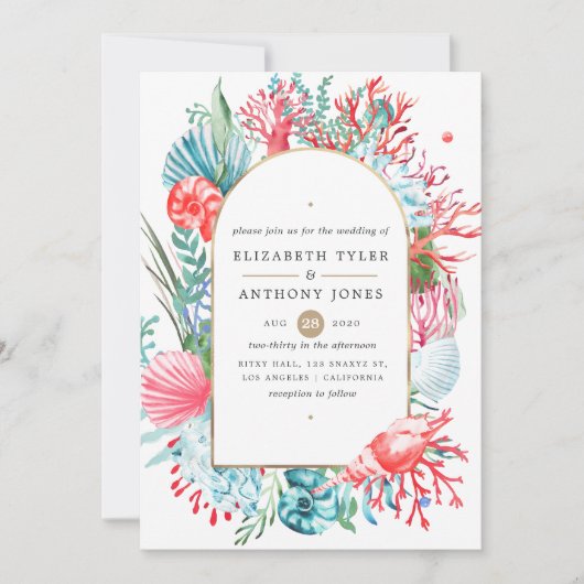 Faire-part de mariage maritime turquoise et corail (Devant)