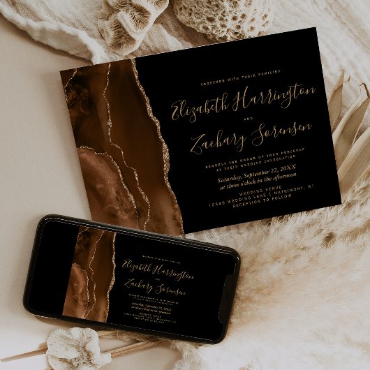 Faire-part de mariage marron moka agate doré foncé