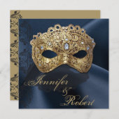 Faire-part de mariage mascarade marine et or (Devant / Derrière)
