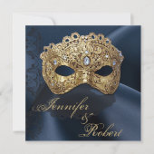 Faire-part de mariage mascarade marine et or (Devant)