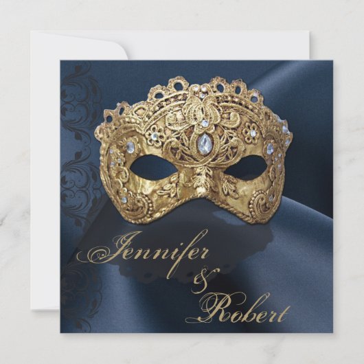 Faire-part de mariage mascarade marine et or (Devant)