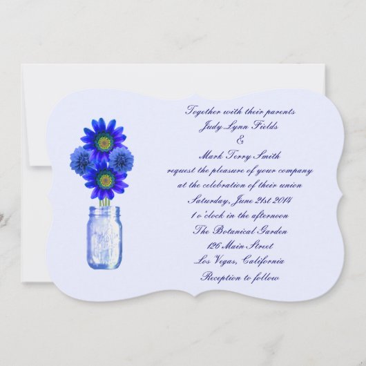 Faire-part de mariage Mason Jar aux fleurs bleues (Devant)
