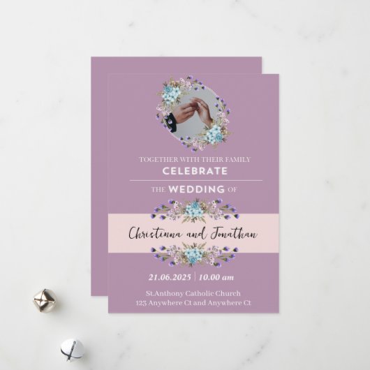 Faire-part de mariage mauve (Devant/Arrière en situation)