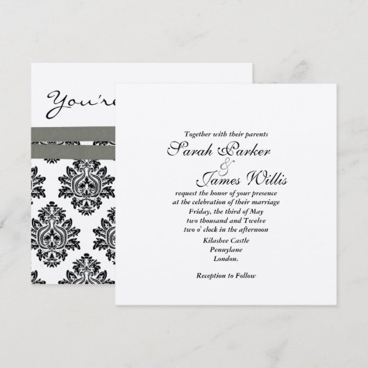 Faire-part de mariage métallisé Damask Silver & Gr (Devant / Derrière)