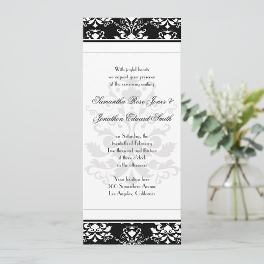 Faire-part de mariage mince en Damas noir et blanc (Debout devant)