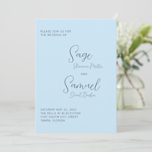 Faire-part de mariage minimal bleu clair (Debout devant)