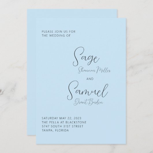Faire-part de mariage minimal bleu clair (Devant / Derrière)