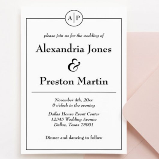 Faire-part de mariage minimal de monogramme noir e