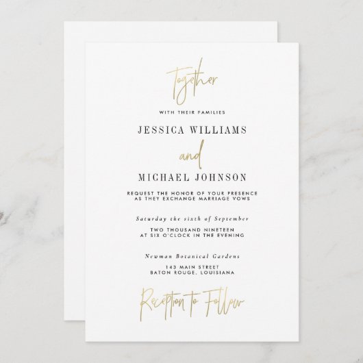 Faire-part de mariage minimale de typographie or (Devant / Derrière)