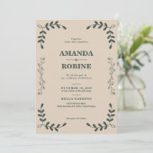 Faire-part de mariage minimaliste à feuilles verte (Debout devant)