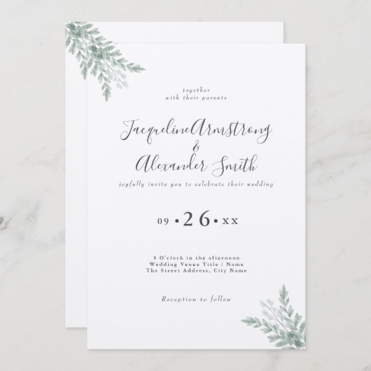 Faire-part de mariage minimaliste d'Eucalyptus (Devant / Derrière)