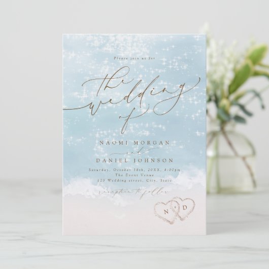 Faire-part de mariage Modern Script Sand Hearts Be (Debout devant)
