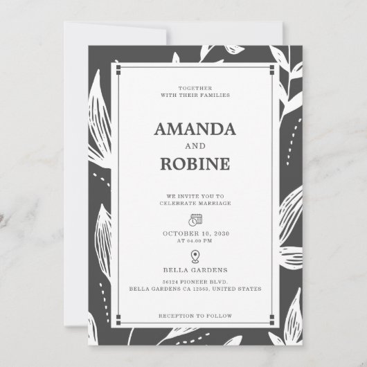 Faire-part de mariage moderne à feuille noire et b (Devant)