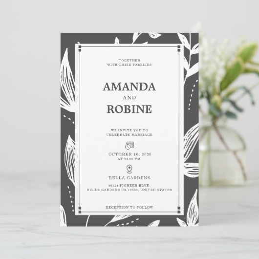 Faire-part de mariage moderne à feuille noire et b (Debout devant)