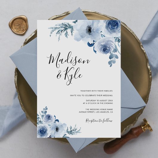 faire-part de mariage moderne à fleurs bleu poussi