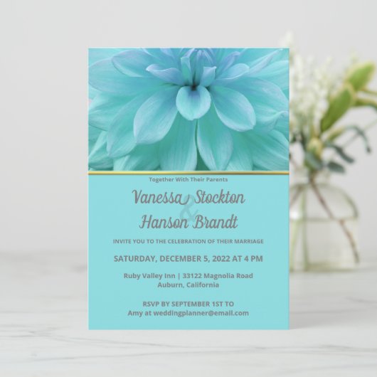 Faire-part de mariage moderne à fleurs bleues (Debout devant)