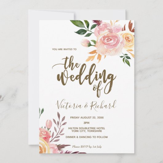 faire-part de mariage moderne à fleurs boho (Devant)