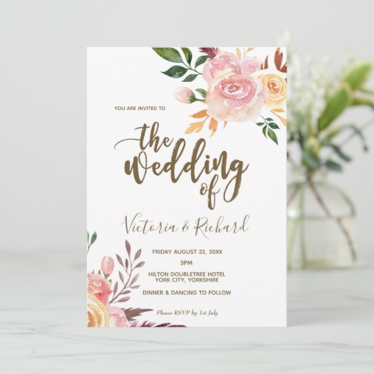 faire-part de mariage moderne à fleurs boho (Debout devant)