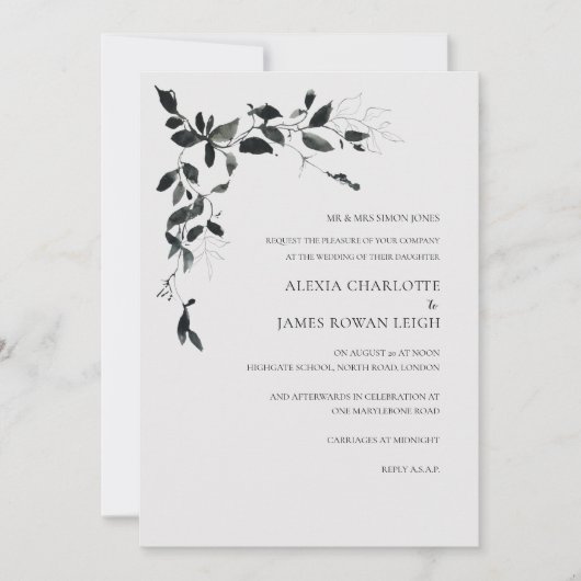 Faire-part de mariage moderne à fleurs noires et b (Devant)