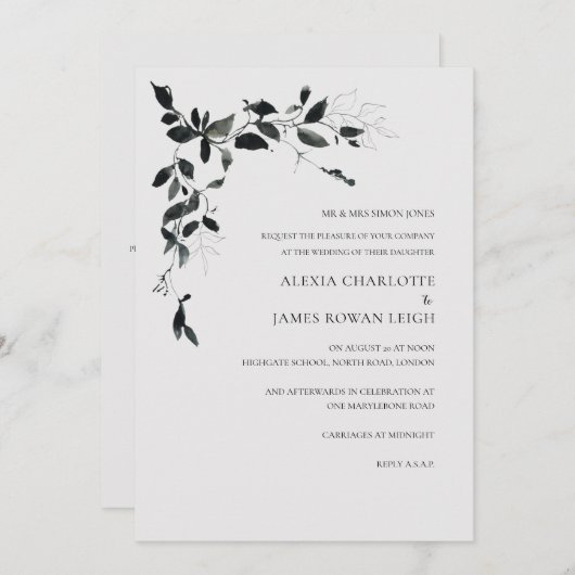 Faire-part de mariage moderne à fleurs noires et b (Devant / Derrière)