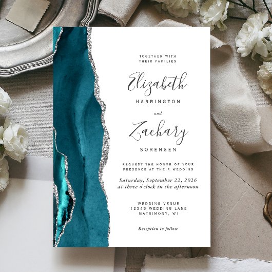 Faire-part de mariage moderne agate sarcelle argen