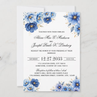 Faire-part de mariage moderne aux florales bleu ma