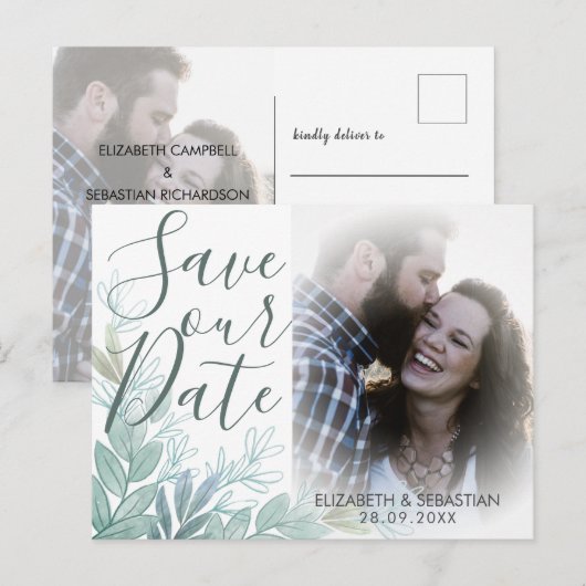 Faire-part de mariage moderne avec feuillage vert (Devant / Derrière)