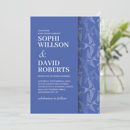 Faire-part de mariage moderne avec motif hirondell (Debout devant)