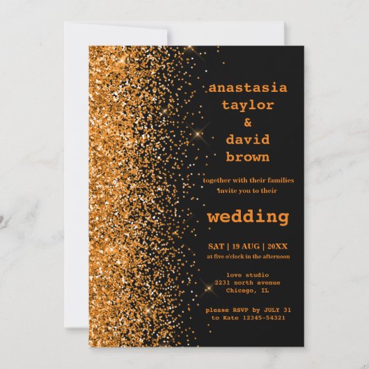 Faire-part de mariage moderne avec paillettes doré (Devant)
