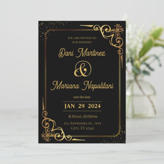 Faire-part de mariage moderne Black Gold (Debout devant)