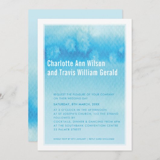 FAIRE-PART DE MARIAGE MODERNE : bleu d'eau sombre (Devant / Derrière)