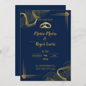 Faire-part de mariage moderne bleu et or (Devant / Derrière)