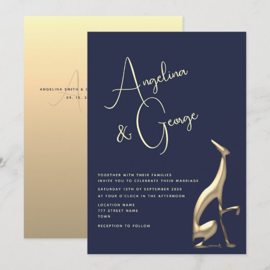 Faire-part de mariage moderne bleu navy or (Devant / Derrière)