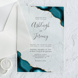 Faire-part de mariage moderne bleu sarcelle or coi