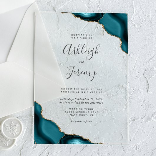 Faire-part de mariage moderne bleu sarcelle or coi