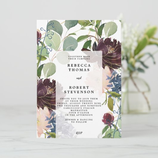 faire-part de mariage moderne bleu violet vert flo (Debout devant)