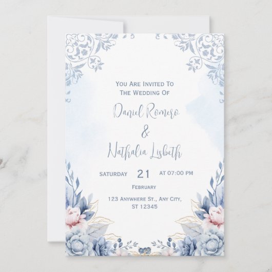 Faire-part de mariage moderne bleue (Devant)