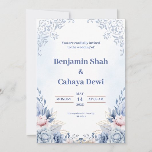 Faire-part de mariage moderne bleue (Devant)