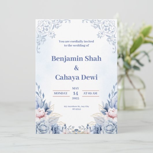 Faire-part de mariage moderne bleue (Debout devant)