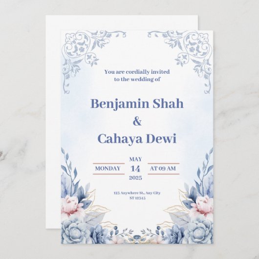 Faire-part de mariage moderne bleue (Devant / Derrière)