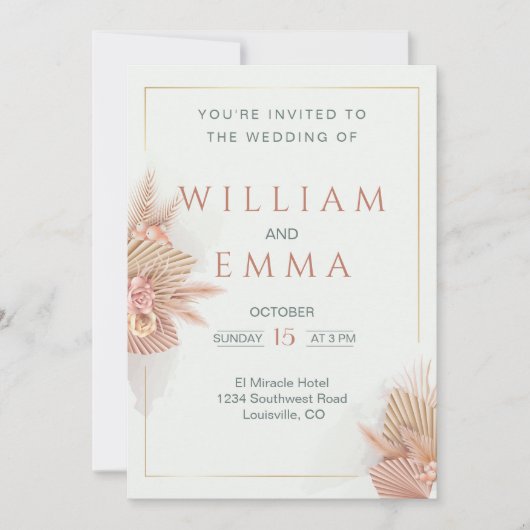 Faire-part de mariage moderne Boho Pampas Gris (Devant)