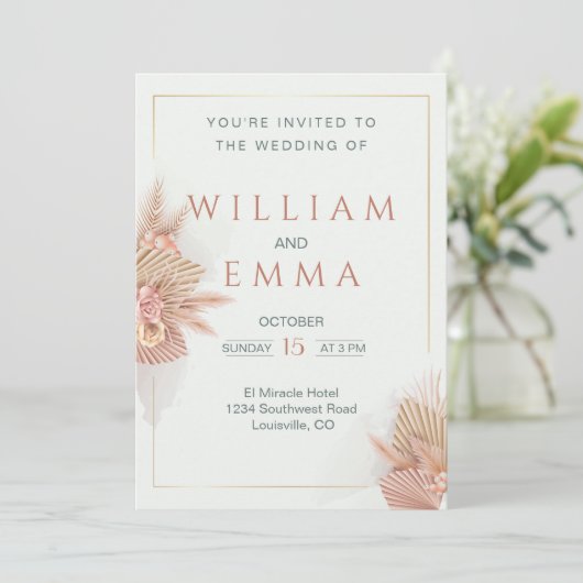 Faire-part de mariage moderne Boho Pampas Gris (Debout devant)