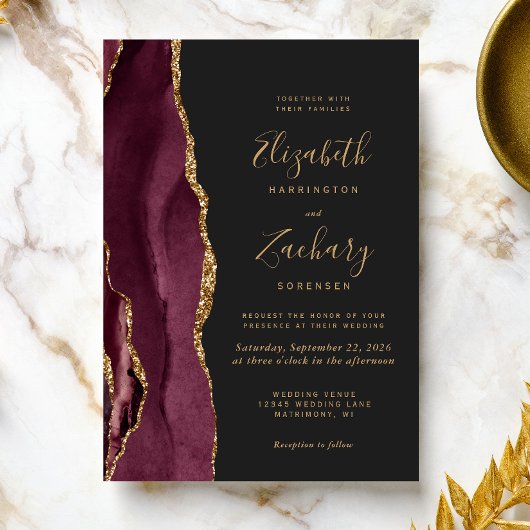 Faire-part de mariage moderne bordeaux or agate fo